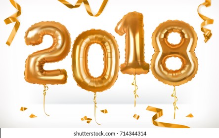 Golden toy balloons. Happy New Year 2018. 3d vector icon