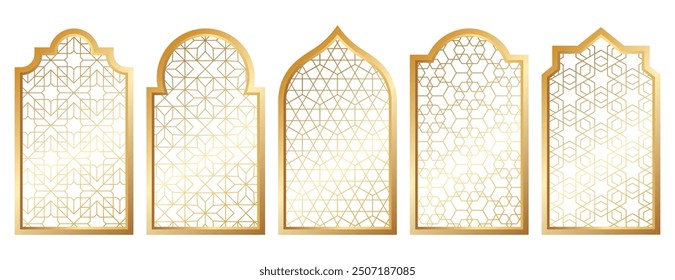 Forma de ventana islámica tradicional dorada. Marcos árabes, arcos de mezquita con motivos geométricos dorados. Elementos de arquitectura de palacio musulmán, silueta de fronteras marroquíes o puertas. Ramadán kareem puertas