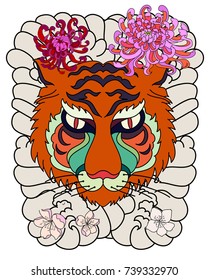 Golden Traditional Japanese tiger face tattoo with peony flower and Japanese wave.Traditional Japanese culture for printing and coloring book on background.