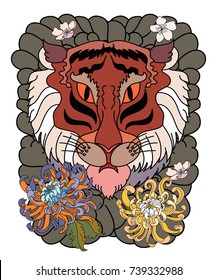 Golden Traditional Japanese tiger face tattoo with peony flower and Japanese wave.Traditional Japanese culture for printing and coloring book on background.