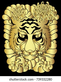 Golden Traditional Japanese tiger.Tiger face tattoo with peony flower and Japanese wave.Traditional Japanese culture for printing and coloring book on background.