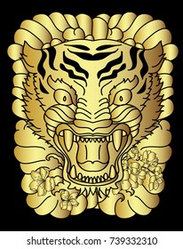 Golden Traditional Japanese tiger.Tiger face tattoo with peony flower and Japanese wave.Traditional Japanese culture for printing and coloring book on background.