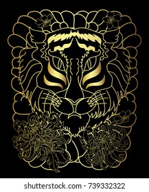 Golden Traditional Japanese tiger.Tiger face tattoo with peony flower and Japanese wave.Traditional Japanese culture for printing and coloring book on background.