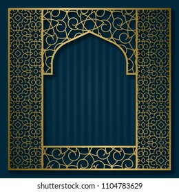 Golden traditional pattern in oriental arched window form. Vintage greeting card background or packaging design frame.