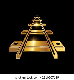 Golden Train Railway Vector Sign illustration in black background with gold shine effect