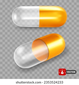 Golden and transparent empty medical capsule pill. 3d realistic, pharmaceutical capsule, front and perspective view, isolated. Vector illustration