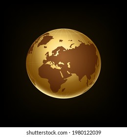 Golden transparent globe isolated on black background. Vector icon