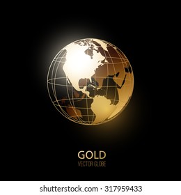 Golden transparent globe isolated on black background. Vector icon