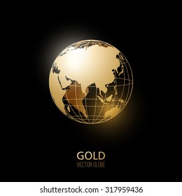 Golden transparent globe isolated on black background. Vector icon.