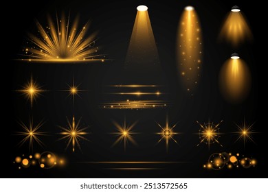 Colección de efecto de luz transparente dorada. Estrella, bengala, sol, destellos, foco, polvo y líneas de neón láser brillantes