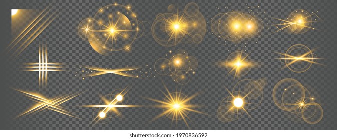 golden transparent light flare and sparkles big set