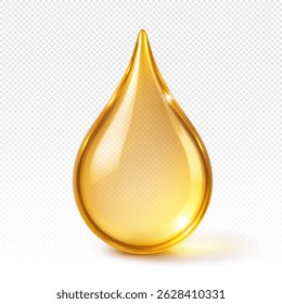 Golden transparent oil drop. Realistic glossy essence droplet. Vector illustration