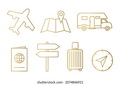 golden travel icons: airplane, map with pointer, campervan, passport, sign boards, suitcase and compass - vector illustration