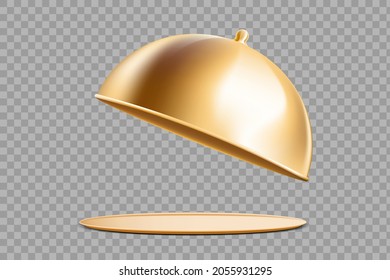 Golden tray with cloche. Template isolated on transparent background. Vector mockup