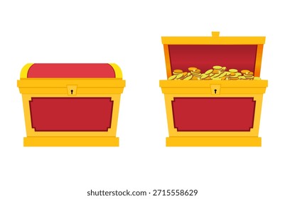 Golden Treasure Box Vektordesign, Cartoon Treasure Box Illustration, Goldmünzen, Schließen, Öffnen, Rot, Vektorkunst