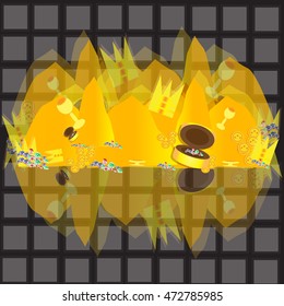 Golden treasures. Cups and caskets with precious stones. Black checkered background. Crowns and gold coins lie in a heap of metal. Mirror reflection.