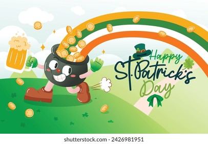 Golden Treasures: Pot of Gold Character Running with Rainbows in the Festive Spirit of Saint Patrick's Day, Vector, Illustration