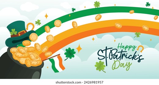 Golden Treasures: Pot of Gold with Rainbows in the Festive Spirit of Saint Patrick's Day, Vector, Illustration