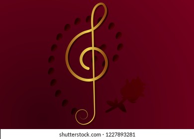 Golden treble clef. Colorful music background.