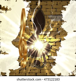 Golden treble clef with a cut in the brick wall and a bright flash. There is space for text or image. All elements of the image are made independently without reference image.