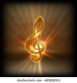 Golden treble clef with the flash on a blurred background. Performing on a black background, can be used with any text or image.