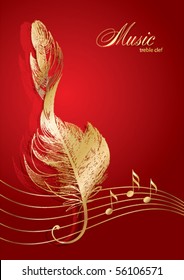Golden treble clef in the form the bird's feather the red background 