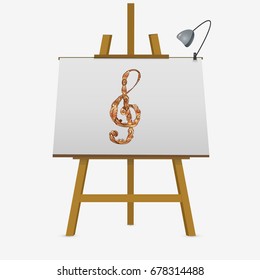Golden treble clef hand drawn on easel. Vector stock illustration