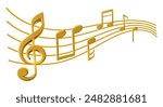 Golden treble clef, notes, classical keys melody sheet. Wavy gold lines swirl as melody flow. Jazz orchestra, violin and piano or vocal song concert. Curved metal logo shape on white background