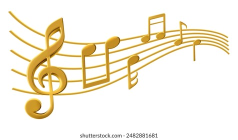 Golden treble clef, notes, classical keys melody sheet. Wavy gold lines swirl as melody flow. Jazz orchestra, violin and piano or vocal song concert. Curved metal logo shape on white background