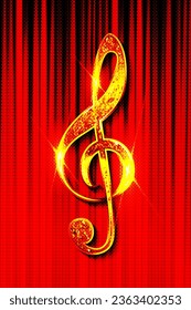 Golden treble clef on the background of a red curtain. Vector illustration