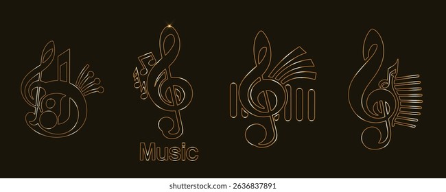 Golden Treble Clef Vector Set. Abstract Musical Symbols Art. Modern Neon Music Notes Icons. Digital Music Logo Design Elements. Glowing Music Line Art for Posters, Branding, Web, and Media.
