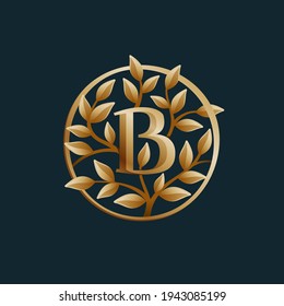 Logo de la letra B del árbol dorado. Emblema vectorial de círculo vintage. Tipo de letra premium para la disposición inmobiliaria, tarjeta de lujo, presentación elegante, etiqueta glamour, afiches de moda, icono boutique, etc.