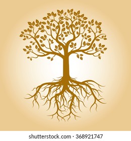 Golden Tree and Big Roots. Vector Illustration.