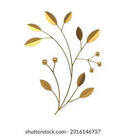 Golden tree branch with stem leaves and berries premium decor element 3d icon realistic vector illustration. Metallic plant botanical blossom natural foliage decorative design floristic composition