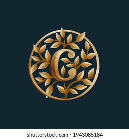 Golden tree C letter logo. Vintage circle vector emblem. Premium typeface for real estate layout, luxury card, elegant presentation, glamour label, fashion posters, boutique icon, etc.