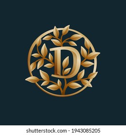 Logo de la letra d del árbol dorado. Emblema vectorial de círculo vintage. Tipo de letra premium para la disposición inmobiliaria, tarjeta de lujo, presentación elegante, etiqueta glamour, afiches de moda, icono boutique, etc.