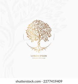 Goldenes Baumemblem auf weißem Hintergrund. Moderne Illustration. Einziger Vektor. Ideal für Logo, Monogramm, Einladung, Flyer, Menü, Broschüre oder jede gewünschte Idee.
