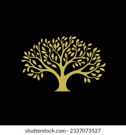 Golden tree icon on isolated black background. Vector illustration. 
