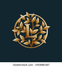 Logo de la letra L del árbol de oro. Emblema vectorial de círculo vintage. Tipo de letra premium para la disposición inmobiliaria, tarjeta de lujo, presentación elegante, etiqueta glamour, afiches de moda, icono boutique, etc.