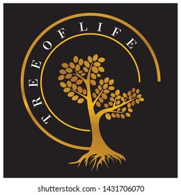 
golden tree logo with circles around it