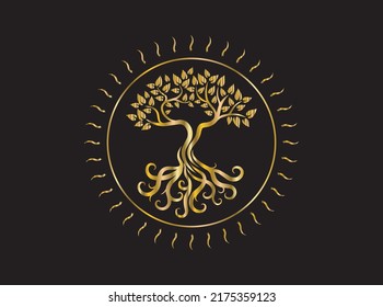 golden tree logo with circular shape, ancient tree with swirl roots