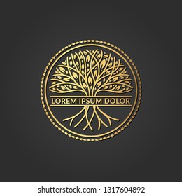 Golden tree logo. Elegant, classic vector. Can be used for jewelry, beauty and fashion industry. Great for emblem, monogram, invitation, flyer, menu, brochure, background, or any desired idea.