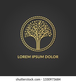 Goldenes Baumlogo. Elegante, klassische Vektorillustration. Kann für Schmuck-, Beauty- und Modebranche verwendet werden. Ideal für Emblem, Monogramm, Einladung, Flyer, Menü, Broschüre, Hintergrund oder jede gewünschte Idee.
