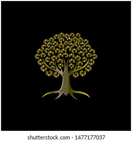 golden tree logo vector on black background, sakura tree, sakura flower tree isolated