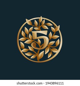 Golden tree number five logo. Vintage circle vector emblem. Premium typeface for real estate layout, luxury card, elegant presentation, glamour label, fashion posters, boutique icon, etc.