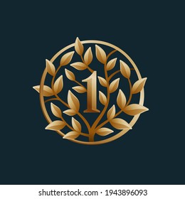 Golden tree number one logo. Vintage circle vector emblem. Premium typeface for real estate layout, luxury card, elegant presentation, glamour label, fashion posters, boutique icon, etc.