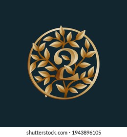 Golden tree number two logo. Vintage circle vector emblem. Premium typeface for real estate layout, luxury card, elegant presentation, glamour label, fashion posters, boutique icon, etc.