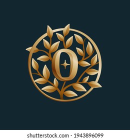 Golden tree number zero logo. Vintage circle vector emblem. Premium typeface for real estate layout, luxury card, elegant presentation, glamour label, fashion posters, boutique icon, etc.