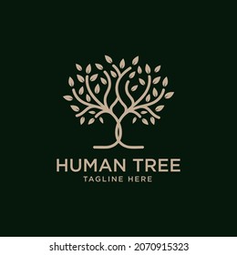 Golden tree oak banyan maple logo with human tree design template