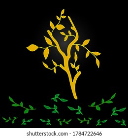 A Golden tree outline on a black background with green leaves underneath. The vector outline is drawn by hand.